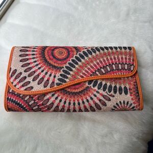 Peacock Strut Multicolored Clutch Purse Orange trim
